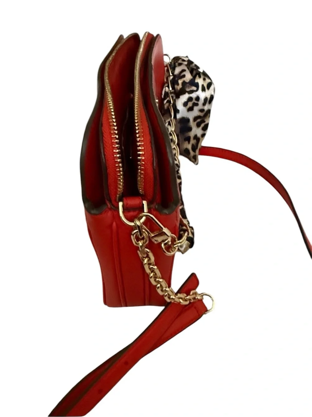 Tory Burch- Ivy Red Leather Crossbody w/ Gold & Leopard Print Interwoven Chain